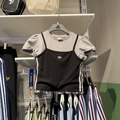 Adidas阿迪达斯三叶草女26夏新款假两件泡泡袖甜酷短袖T恤 KY3299