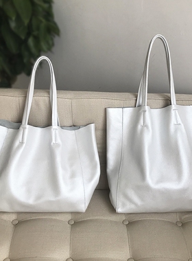 珍珠白色托特包大容量软牛皮单肩包女真皮购物袋新时尚休闲大包包