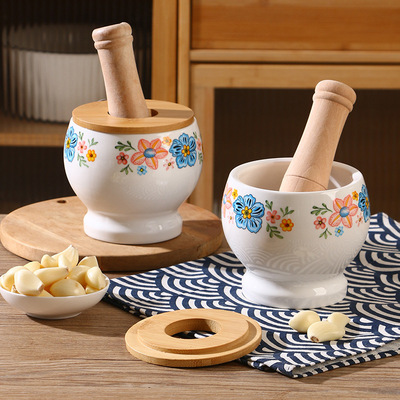 捣蒜专用复古加厚蒜臼子手压式带盖捣碎器商用带盖螺纹研磨瓷罐子