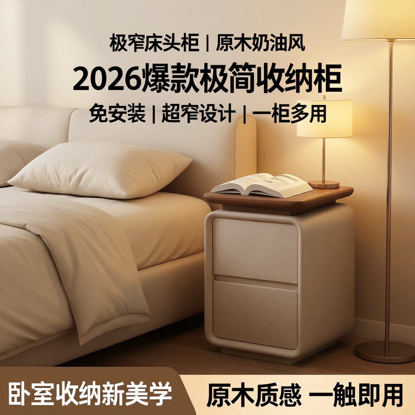 实木床头柜奶油风小型超窄家用卧室2026爆款极窄原木免安装收纳柜