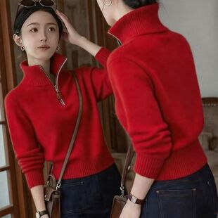 极简风韩系半拉链高领毛衣女2025秋冬新款小众不撞款针织衫上衣女