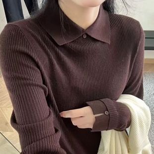 POLO领设计双钮扣毛针织衫 160斤 女秋冬内搭显瘦上衣打底衫