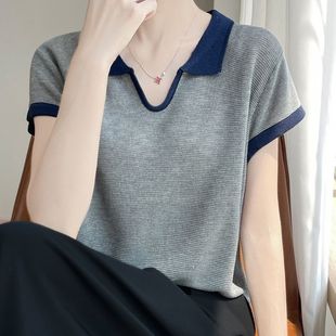 上衣时尚 2025新款 宽松夏季 翻领短袖 T恤遮肉显瘦 针织T恤衫