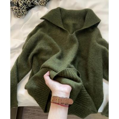 Sweet原创推荐!墨绿色翻领毛衣女秋冬保暖百搭慵懒针织衫V领上衣
