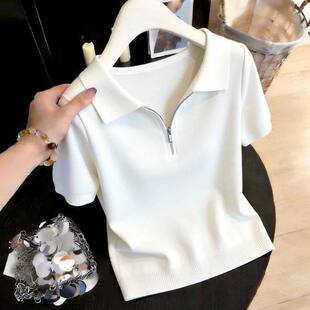 T恤女夏季 宽松显瘦 半开领拉链冰丝短袖 200斤 减龄百搭上衣