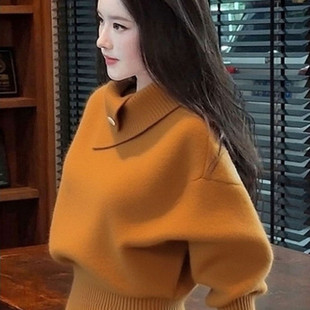 韩系淡人高知老钱风穿搭设计感软糯橘色高领2025秋冬打底针织衫 女