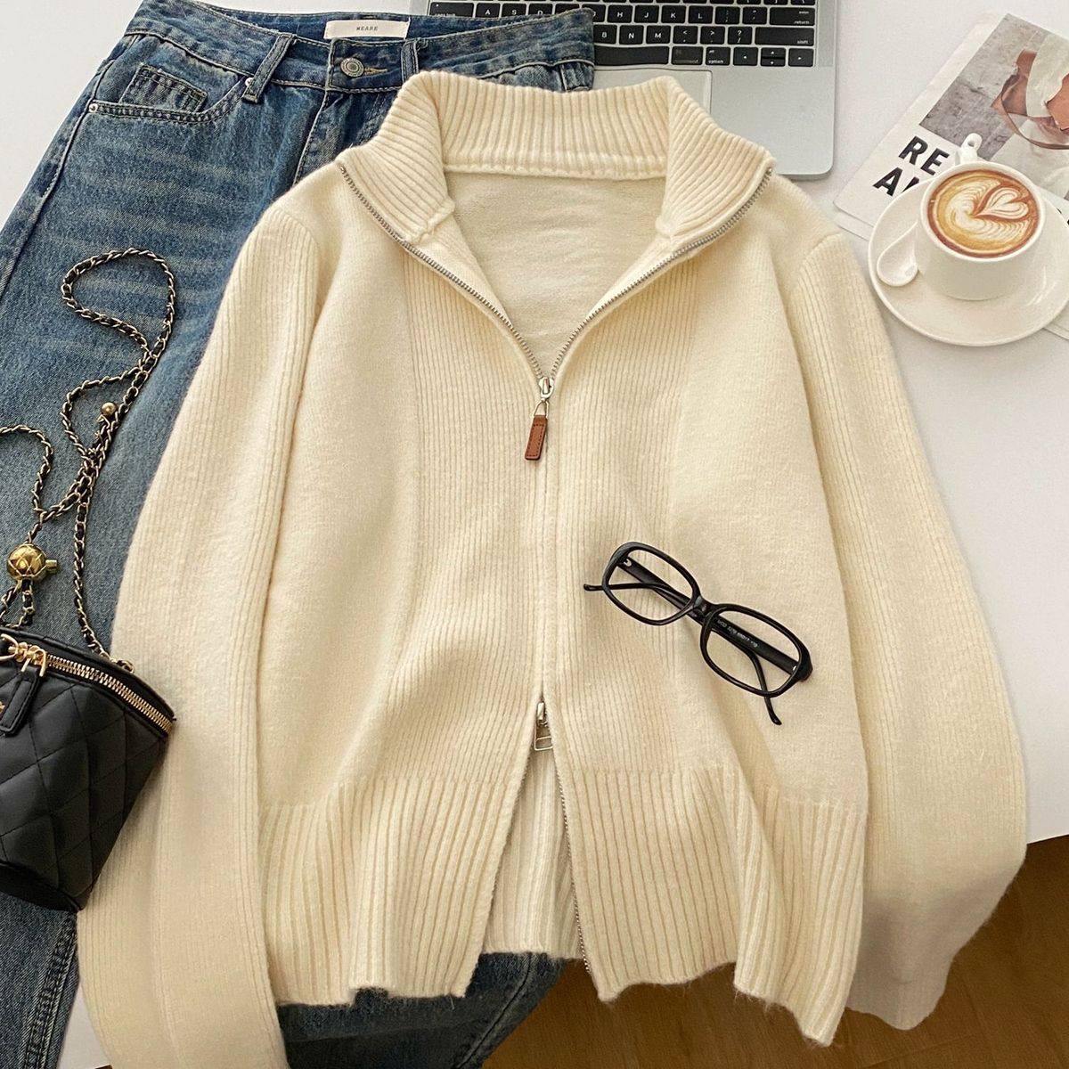 韩系ins风双拉链立领针织开衫女秋冬简约款百搭短款毛衣外套上衣,女装/女士精品,毛针织衫,淘宝优惠券,粉丝福利购,淘宝优惠卷