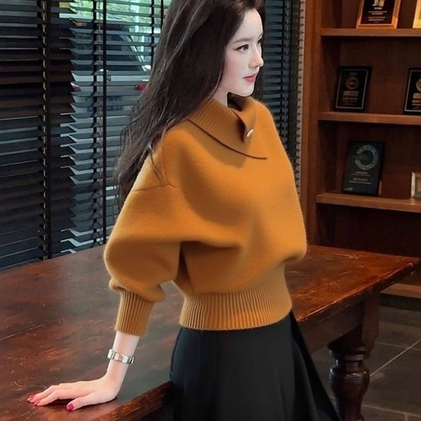 0151-2韩系高知老钱风轻熟设计感软糯慵懒橘色高领打底针织衫女