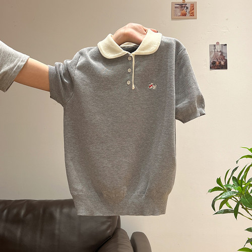 刺绣POLO领针织衫女夏季新纽扣