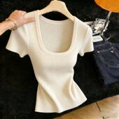 新款 女夏季 超好看百搭显瘦上衣 针织衫 胖MM复古chic洋气方领短袖