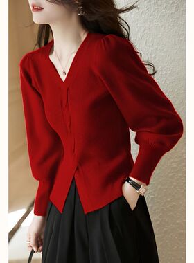 2023秋季大码针织衫女V领显瘦设计感交叉时尚开叉毛衣打底上衣潮