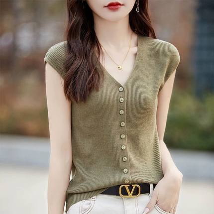 冰丝上衣女【80-200斤】飞飞袖设计感T恤衫v领修身洋气显瘦针织衫