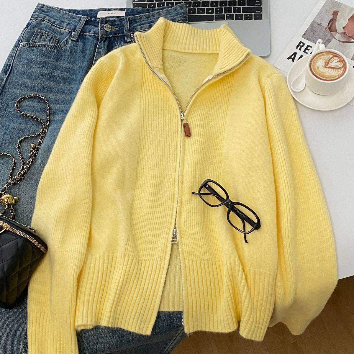 慵懒风时尚感拉链针织衫外套女2026秋冬百搭复古短款毛衣上衣5031,女装/女士精品,毛针织衫,淘宝优惠券,粉丝福利购,淘宝优惠卷
