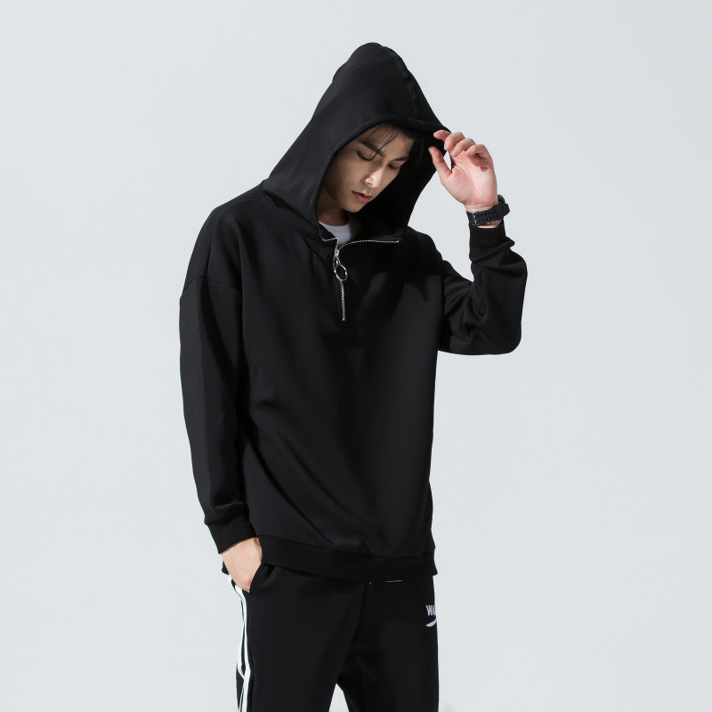 秋季连帽休闲卫衣男宽松纯色弹力拉链太空棉高领外套薄款外套上衣