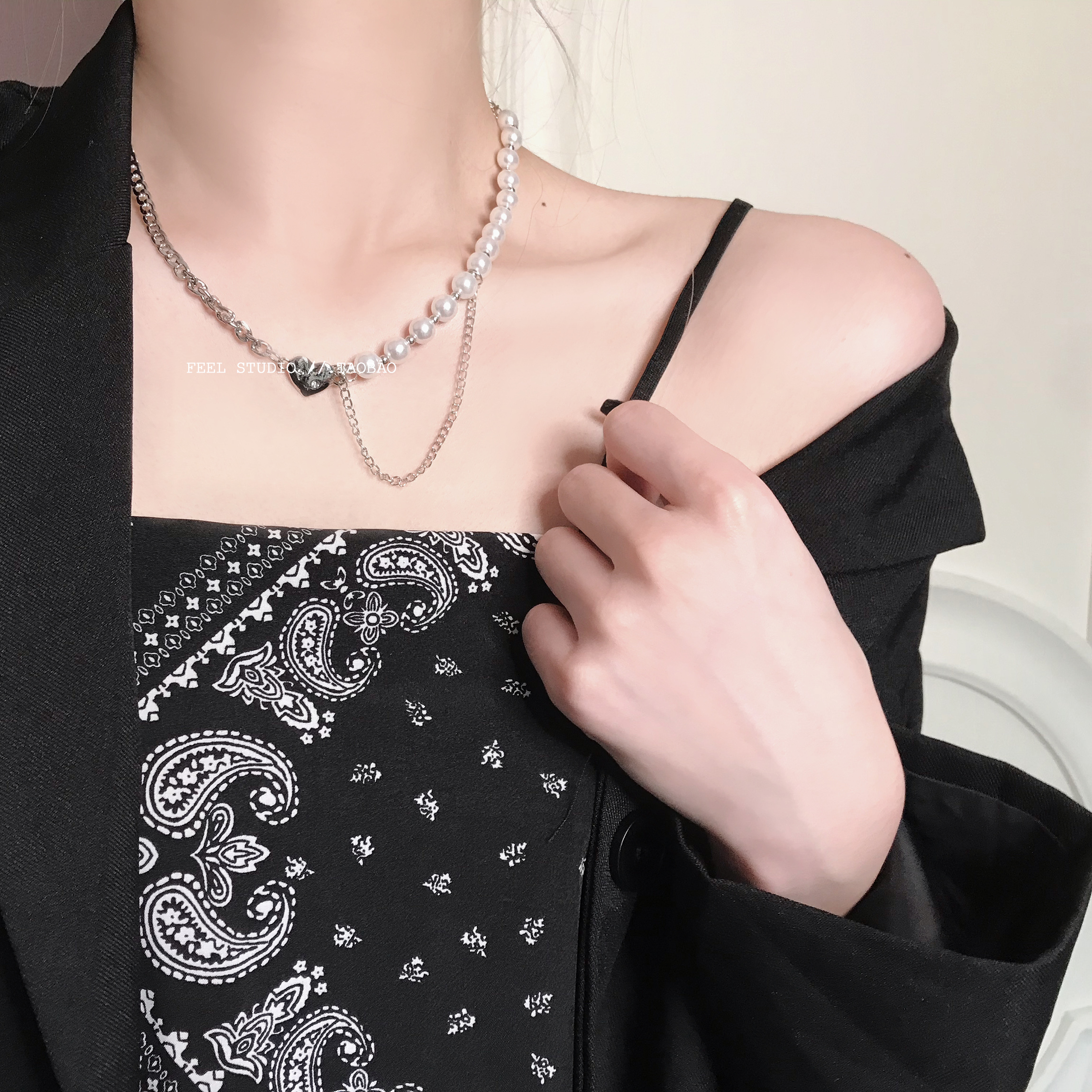 甜酷风珍珠爱心百搭仙气锁骨链