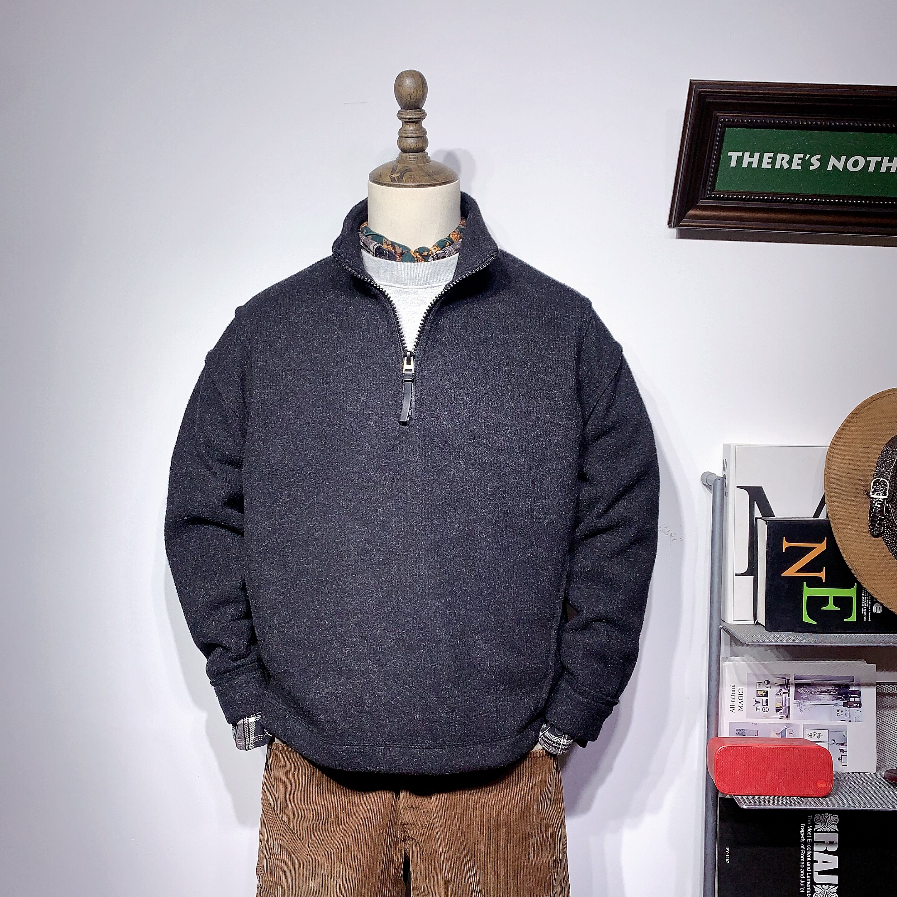 2025冬季新款男士半拉链立领加厚保暖卫衣潮牌宽松上衣高级感外套