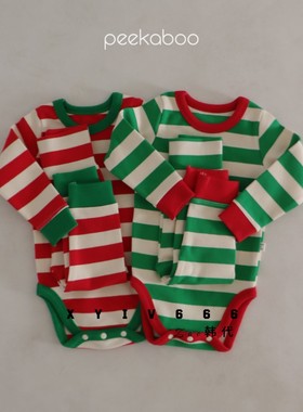peekaboo韩国春秋新年气氛小月龄弹力长袖包屁衣套装宝宝爬服打底