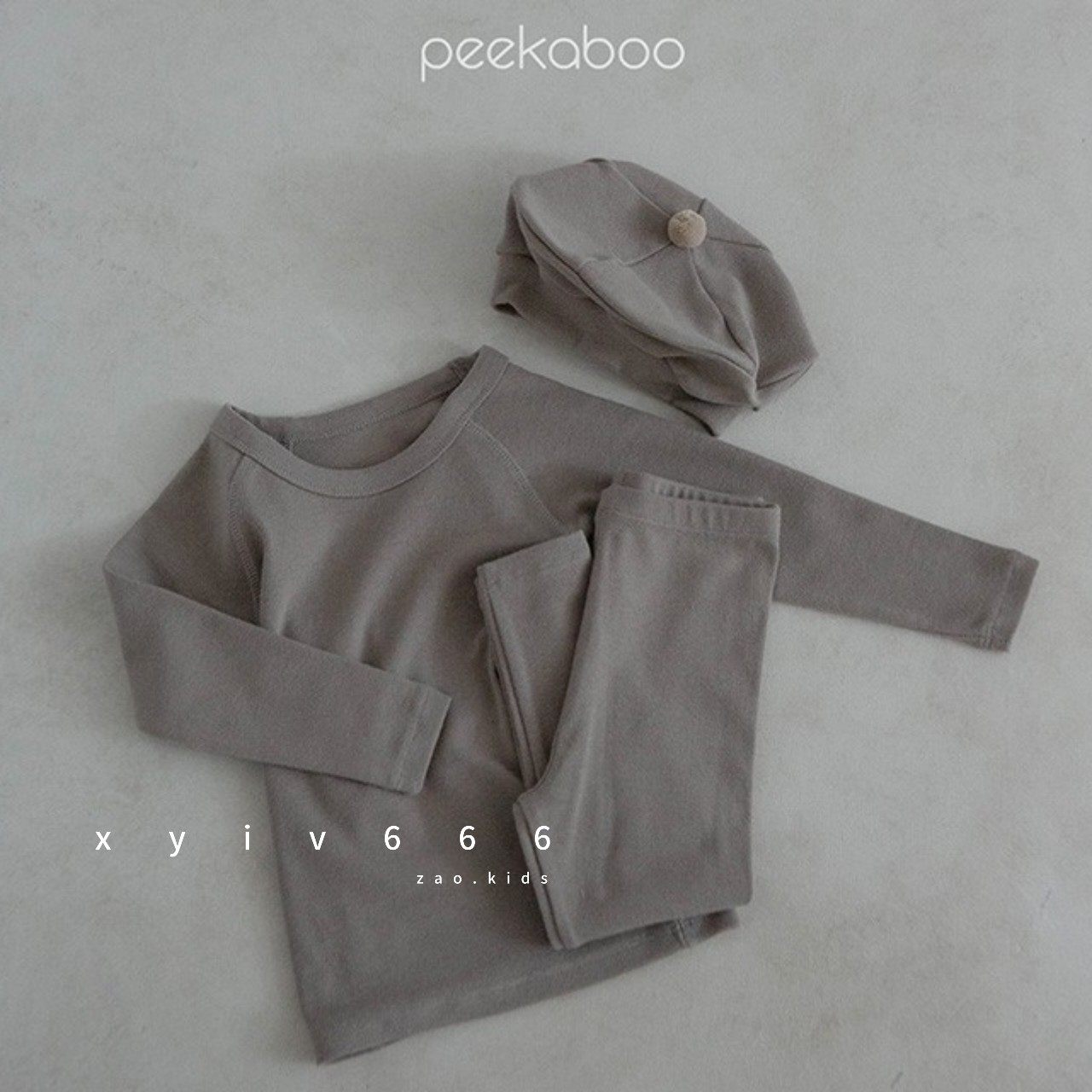 韩国进口peekaboo儿童秋冬男女儿童可爱纯色圆领家居服睡衣套装