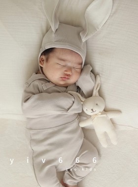 韩国正品童装peekaboo新生儿春秋新纯色上衣高腰裤兔耳朵帽子