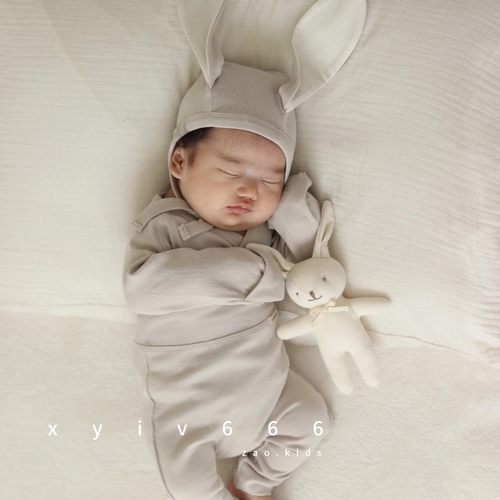 韩国正品童装peekaboo新生儿春秋新纯色上衣高腰裤兔耳朵帽子