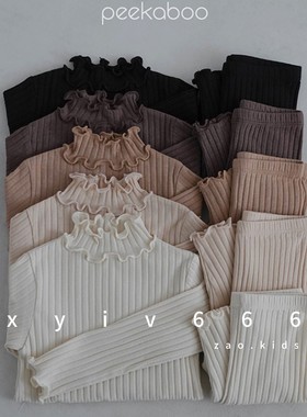 韩国进口婴幼童装木耳边高领修身T恤打底衫PEEKABOO家居服套装