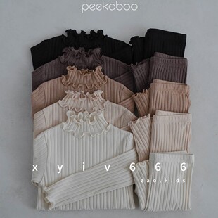 韩国进口婴幼儿木耳边高领春秋冬莫代尔棉打底PEEKABOO家居服套装