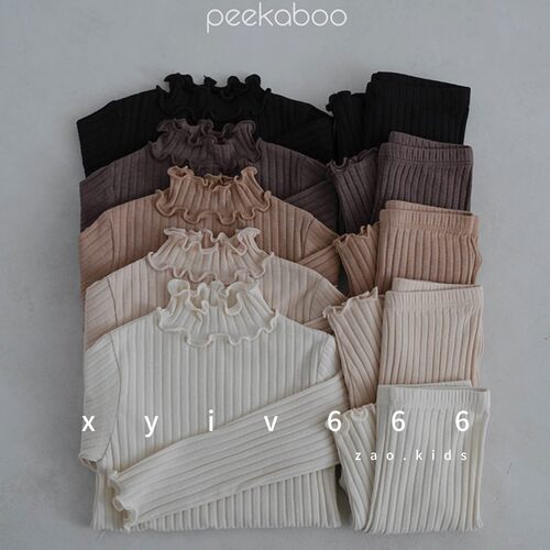 韩国进口婴幼儿木耳边高领春秋冬莫代尔棉打底PEEKABOO家居服套装