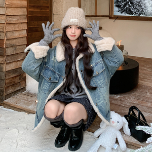 牛仔羊羔毛外套女冬季新款韩系派克服小个子流行加绒加厚休闲棉服图片