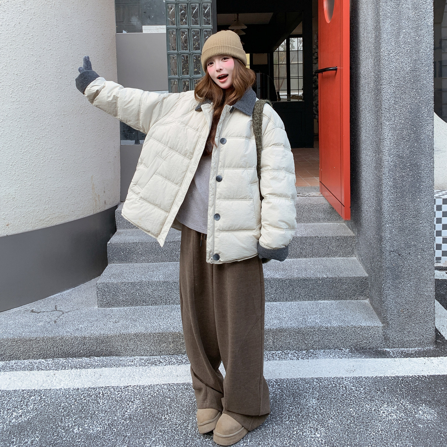 1107新现货拼接毛呢90白鸭绒羽绒外套P295K438,女装羽绒服,浙宝108