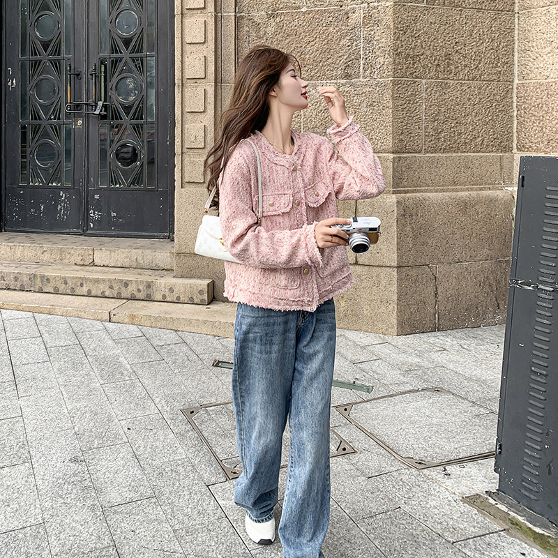 气质感粉色短款小香风外套女春秋2025超火好看高级感小众夹克上衣,女装短外套,浙宝108