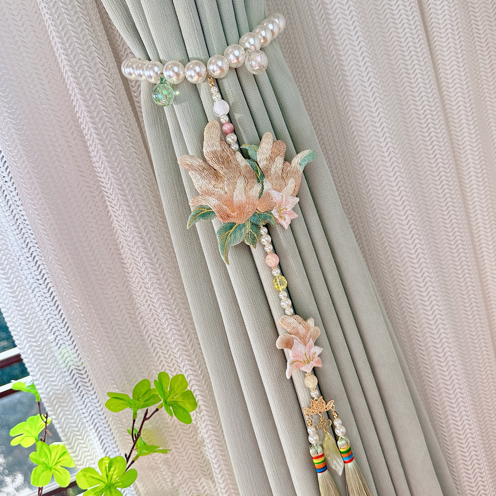 好运莲莲佛手花刺绣窗帘收拢带珍珠磁吸扣客厅白纱帘装饰长款绑带