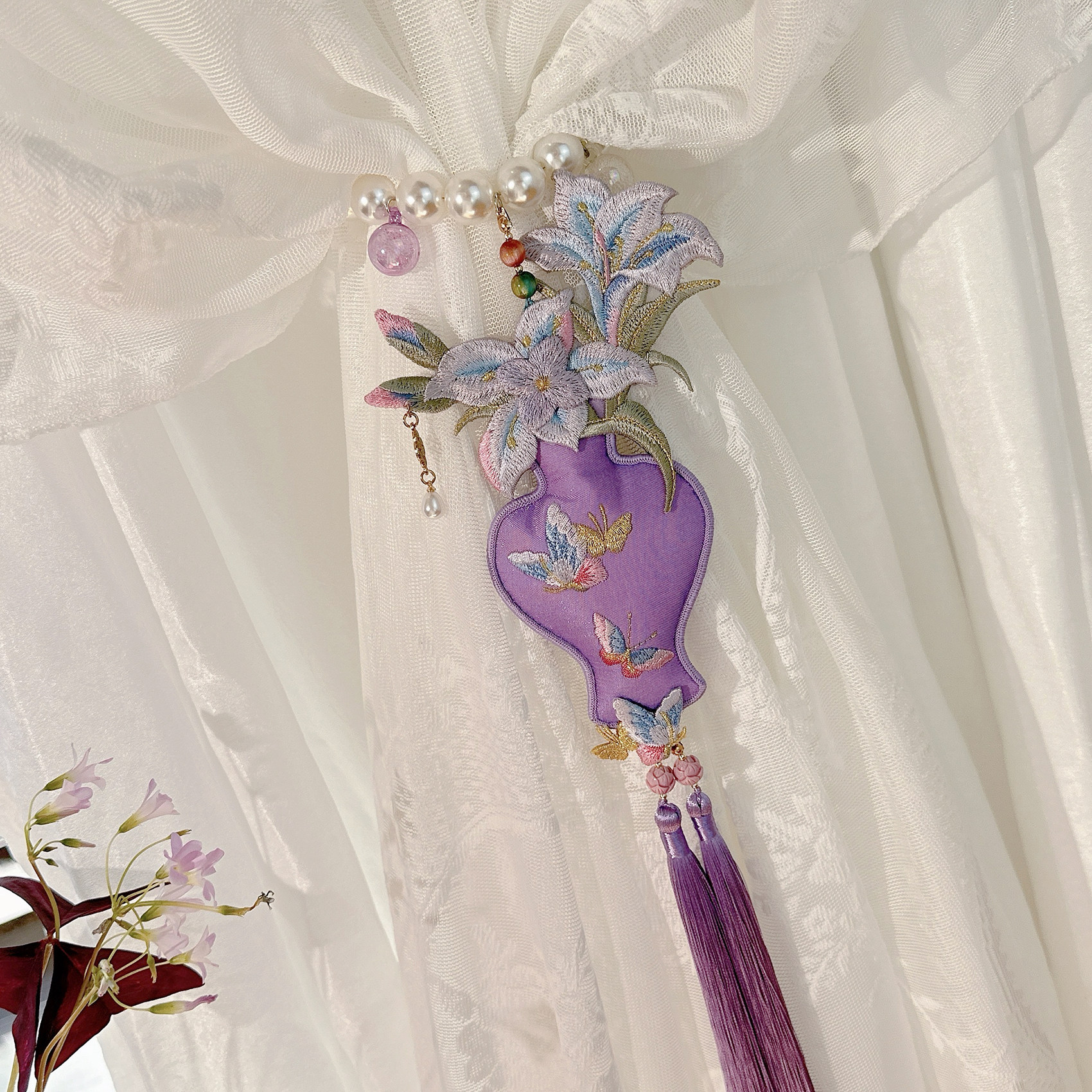 紫气东来紫色花瓶百合花窗帘绑带立体刺绣卧室纱帘绑绳收拢带装饰