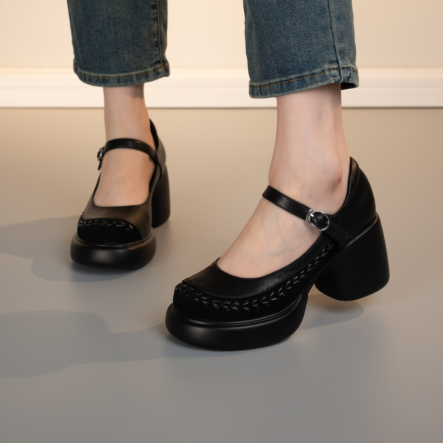 真皮厚底玛丽珍鞋女一字扣带粗跟单鞋黑色百搭增高鞋高跟圆头舒适,女鞋,深口单鞋,淘宝优惠券,粉丝福利购,淘宝优惠卷