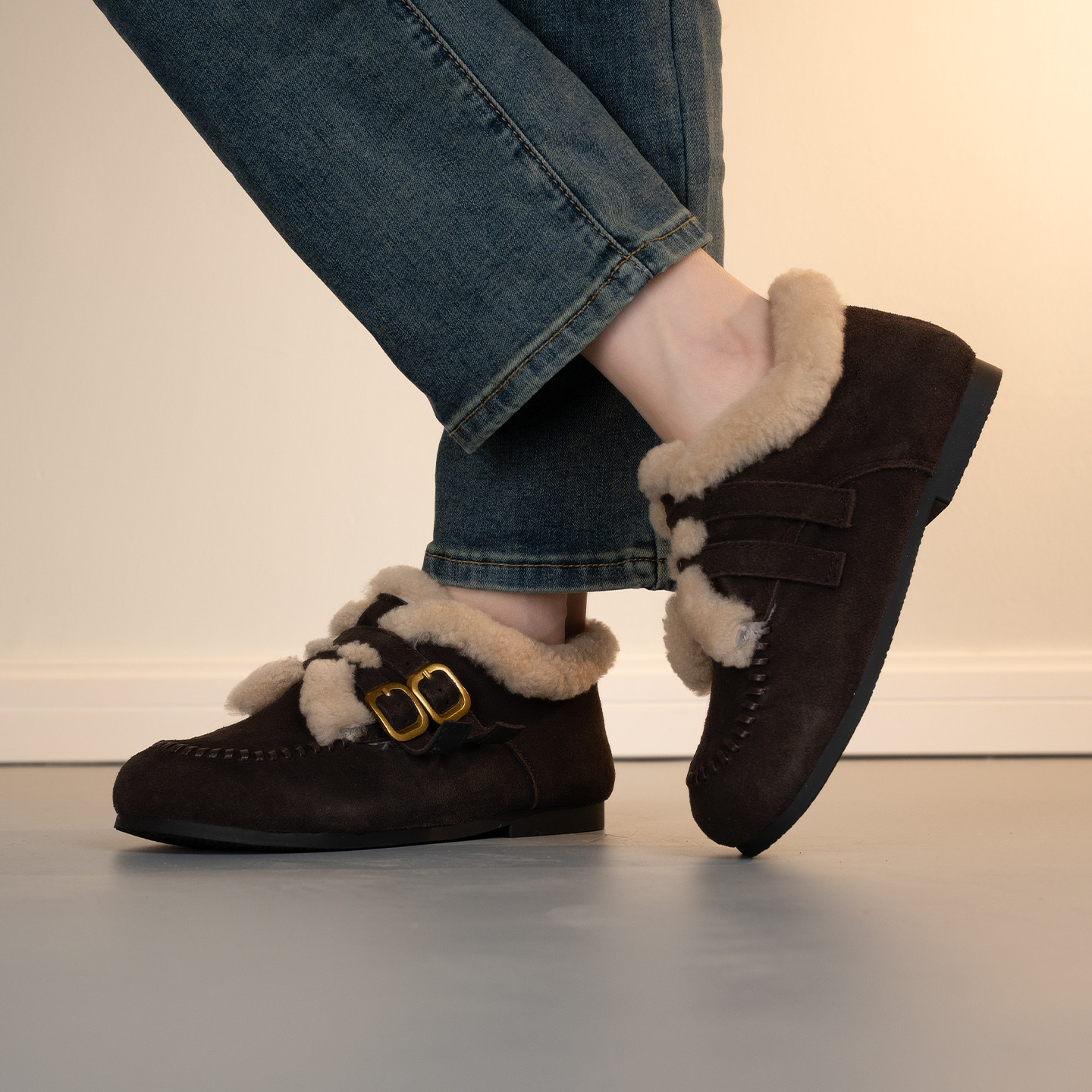 保暖圆头内增高皮带扣毛毛加绒单鞋平底鞋毛毛鞋人造短毛绒通勤,女鞋,深口单鞋,淘宝优惠券,粉丝福利购,淘宝优惠卷