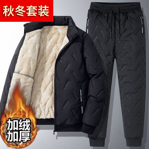 棉衣秋冬季套装羊羔绒宽松大码加绒冬装加厚男士外套运动保暖棉袄