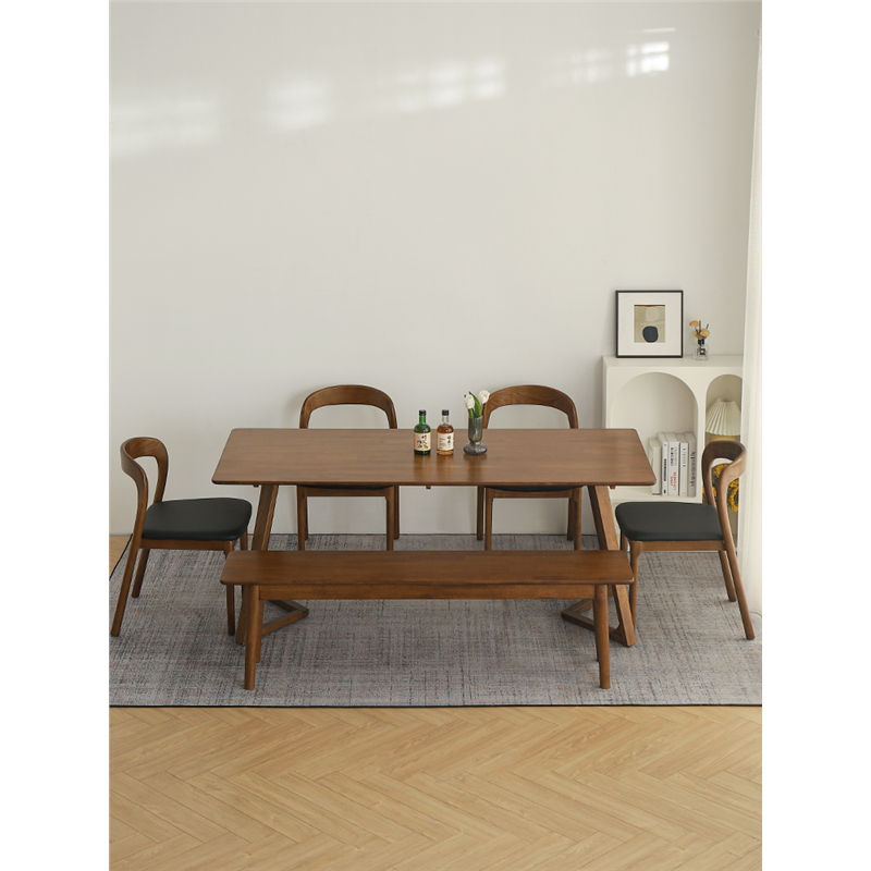 轻奢风全实木长方餐桌北欧胡桃木色V形腿桌V椅会客餐厅多人洽谈桌