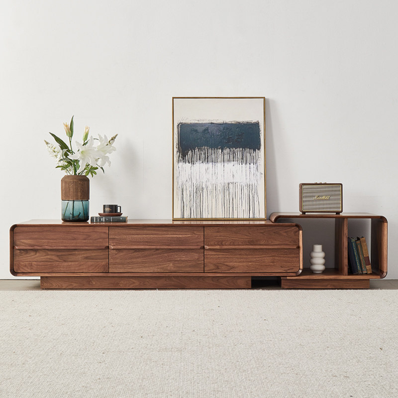 北美黑胡桃木电视机柜北欧轻奢全实木客厅家具简约抽拉落地电视柜