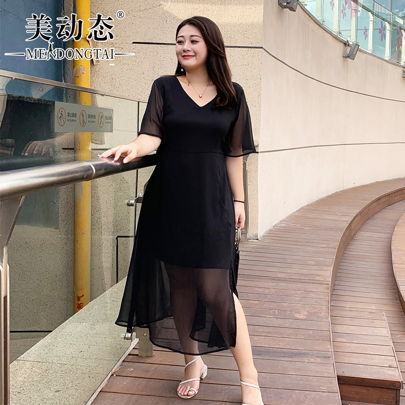 美动态大码女装适合胯大腿粗的长裙2019新款胖妹妹夏装雪纺连衣裙