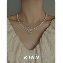 双层叠戴蝴蝶结珍珠项链女金属串珠设计感小众甜美洛可可风颈饰品