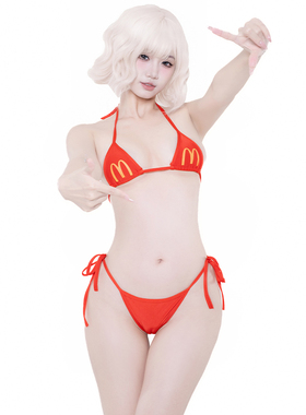 SENMHS金拱门性感三点式绑带红色睡衣分体纯欲风cosplay二次元