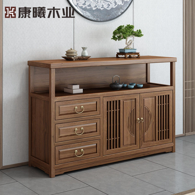 新中式餐边柜靠墙柜禅意柜子储物柜茶室轻奢边柜玄关柜实木胡桃色