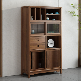 新中式老榆木博古架展示柜实木储物柜多功能置物架茶具摆放架茶柜