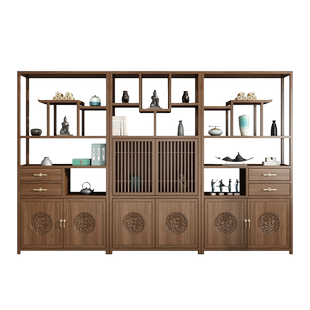 新中式榆木茶叶架实木多宝阁置物架隔断中式现代书架展示柜博古架