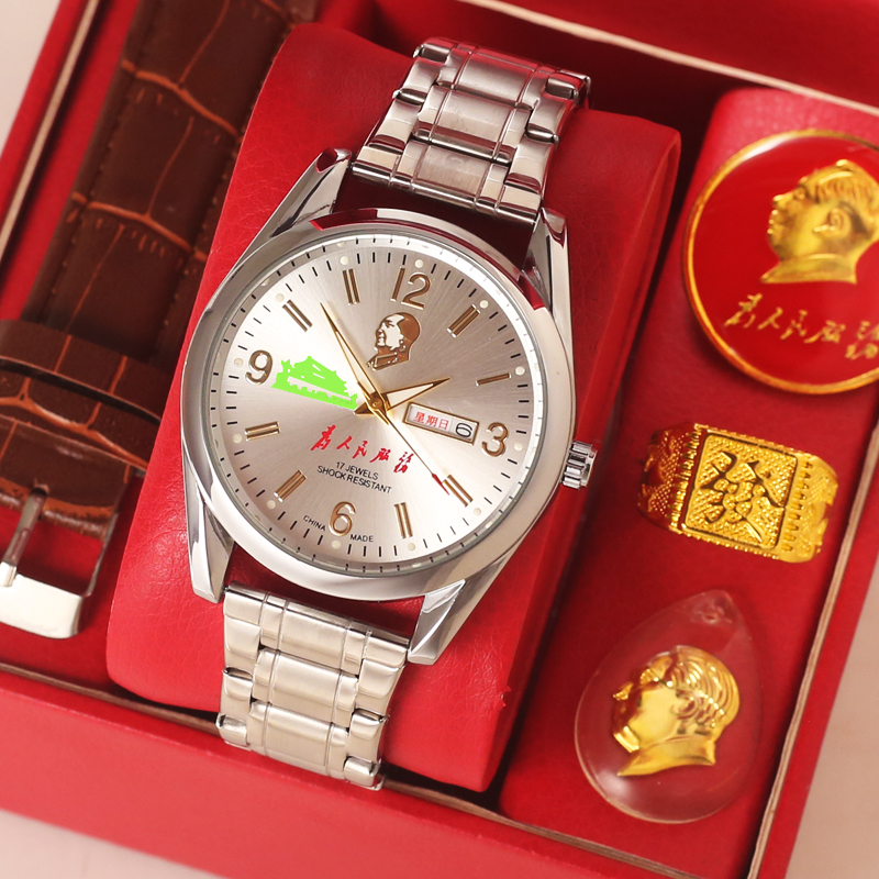 伟人领袖全自动机械手表情怀精钢日历星期夜光防水男士中老年人表