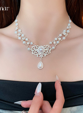 欧美复古镶钻珍珠平安锁吊坠项链夸张设计锁骨链轻奢感项饰女