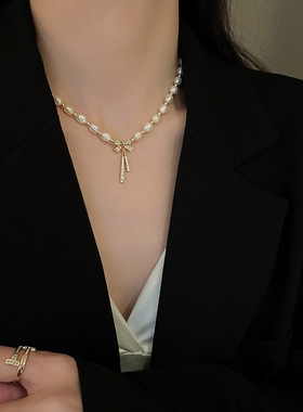 满钻蝴蝶结珍珠项链女优雅轻奢感颈链气质小众设计百搭锁骨链
