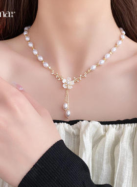 真金电镀锆石花朵流苏珍珠项链甜美优雅锁骨链时尚轻奢感项饰