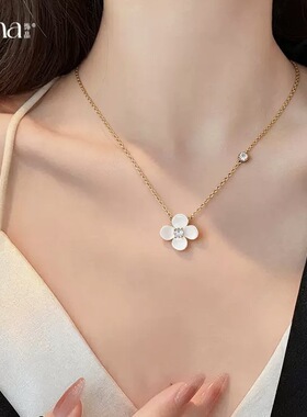 14k真金电镀锆石树脂花朵项链轻奢小众毛衣链简约气质时尚项饰女