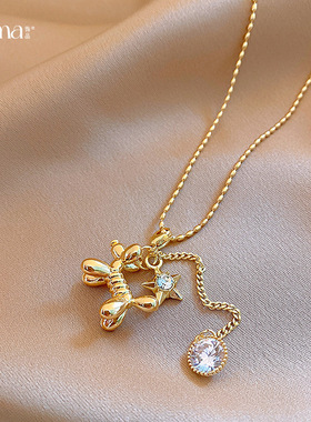 14k真金电镀锆石星星小狗项链配饰女时尚毛衣链轻奢感项饰品