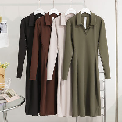 神裙系列包臀收腰显瘦螺纹连衣裙早春气质V领修身长袖百搭中长裙